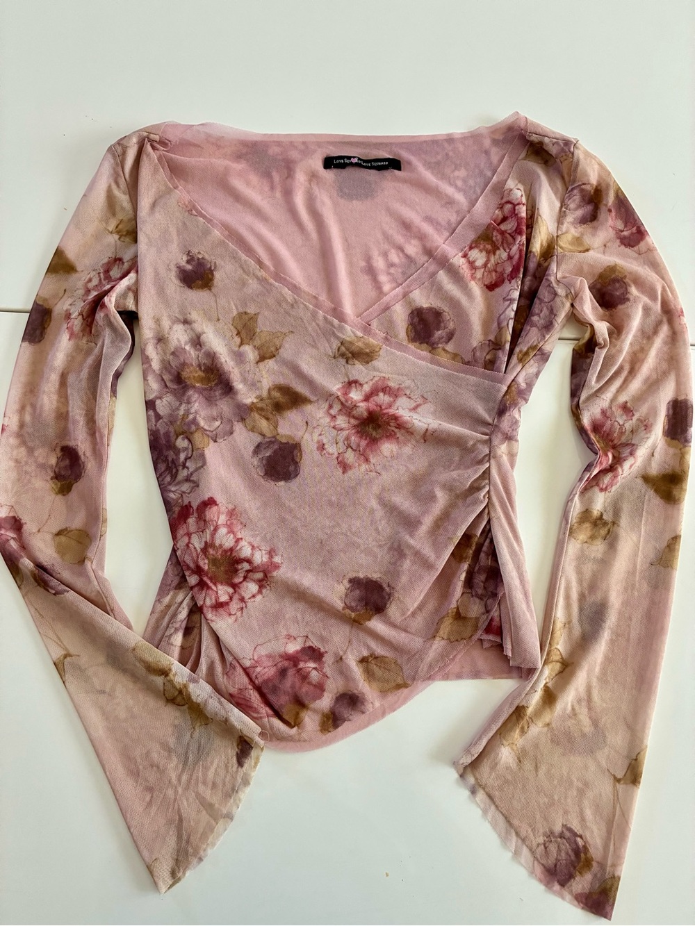 Love Squared Soft Pink Floral Drape Wrap Long Sleeve Top Sheer Micro Mesh Y2K